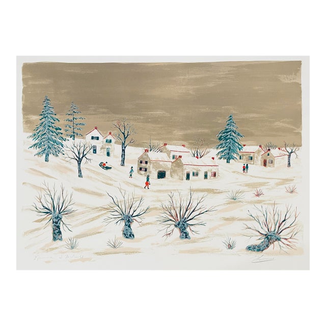 1960s Maurice Loirand Village in Snow Lithograph For Sale