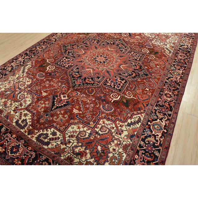 Tribal Heriz Rug 8’4” X 12′ Red Wool Vintage Tribal Hand-Knotted Oriental Carpet For Sale - Image 3 of 15