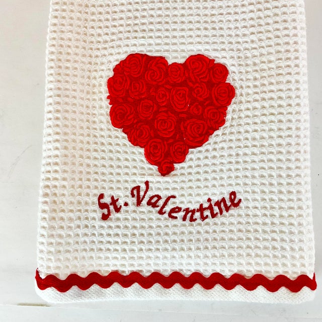 Vintage Hollywood Regency St. Valentine Waffle Kitchen Towel With Roses Heart For Sale - Image 10 of 13