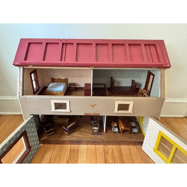 Red Early 20th Century Bench Made Folk Art Colonial Dollhouse, Furnished For Sale - Image 8 of 17