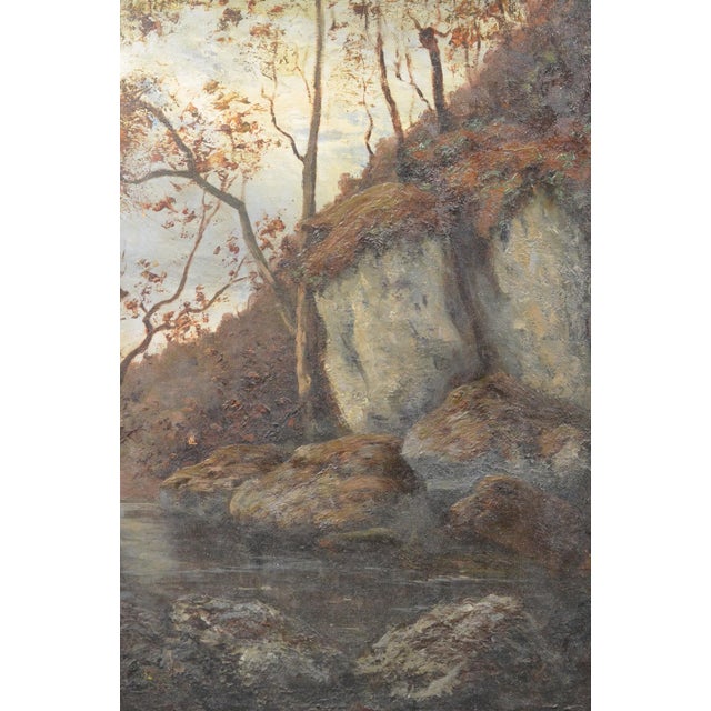 Late 19th Century Antique French Woodland Landscape Oil Painting With Rocks and Stream For Sale - Image 5 of 12