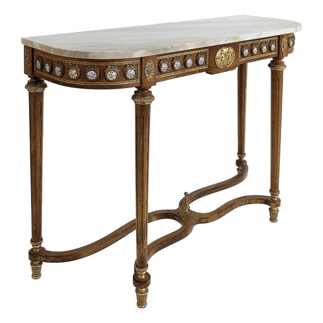 1970s Louis XVI Marble Top Console Table, Gilt Bronze, Porcelain Hand-Painted Plaques For Sale