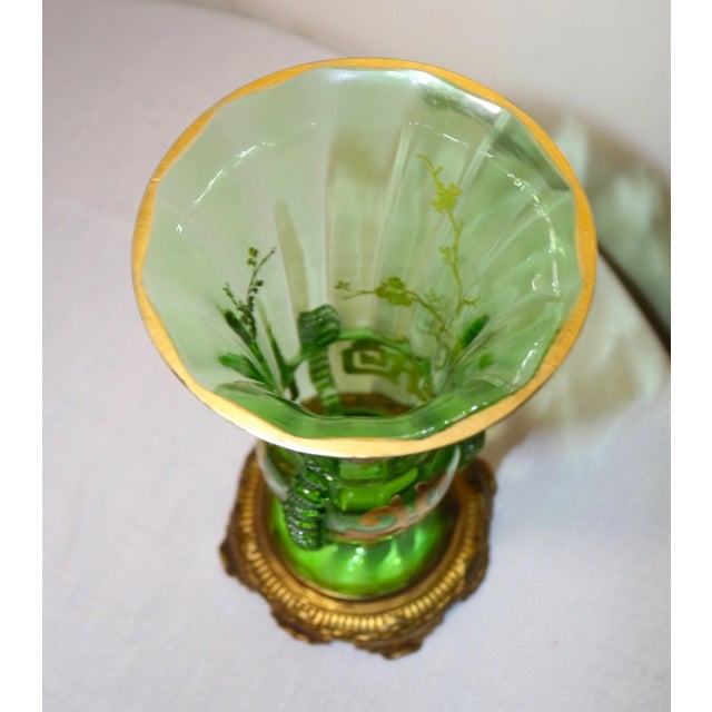 Antique Hand Blown Bronze Mounted Gold Gilt Green Bohemian Czech Art Glass Vase For Sale - Image 10 of 12