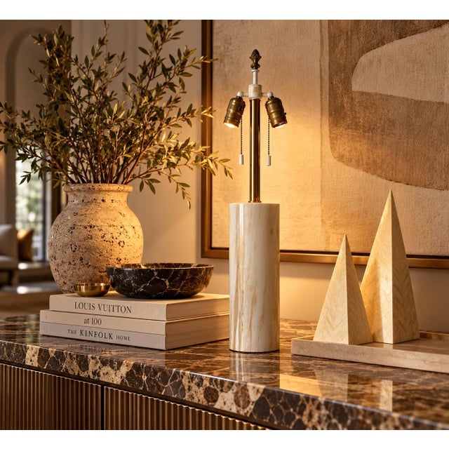 Elegant 1960s Mid-Century Modern table lamp by Nessen, featuring a substantial cylindrical Italian marble base with...