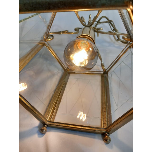 Gold Brass and Cut Glass Hexagon Lantern Pendant Lamp, 1940s For Sale - Image 8 of 15