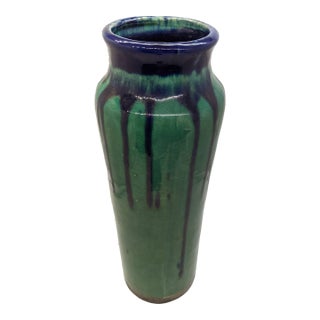 Teal Green and Cobalt Blue Drip Pottery Vase Tall Urn Brown Bronze at Base For Sale