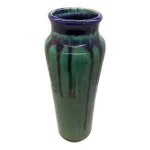 Teal Green and Cobalt Blue Drip Pottery Vase Tall Urn Brown Bronze at Base
