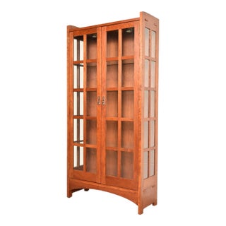 Stickley Mission Arts and Crafts Cherry Wood Lighted Bookcase Cabinet or Display Cabinet For Sale
