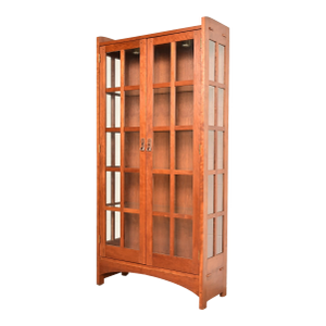 Stickley Mission Arts and Crafts Cherry Wood Lighted Bookcase Cabinet or Display Cabinet