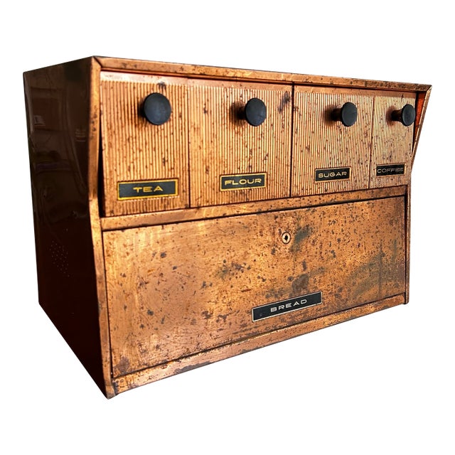 1950s Krestline Mid Century Modern Distressed Metal Bread Box Storage Drawers Shelf Coffee Bar For Sale