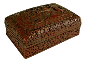 1800s Chinese Carved Domestic Scene Motif Dark Red Cinnabar Box