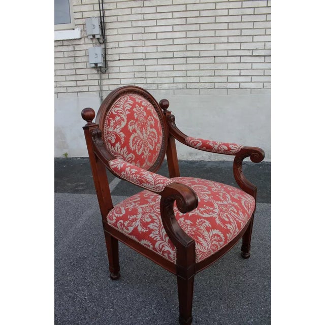 Gorgeous French Empire side, end, accent, desk chair, featuring a round padded back flanked by sturdy side supports topped...