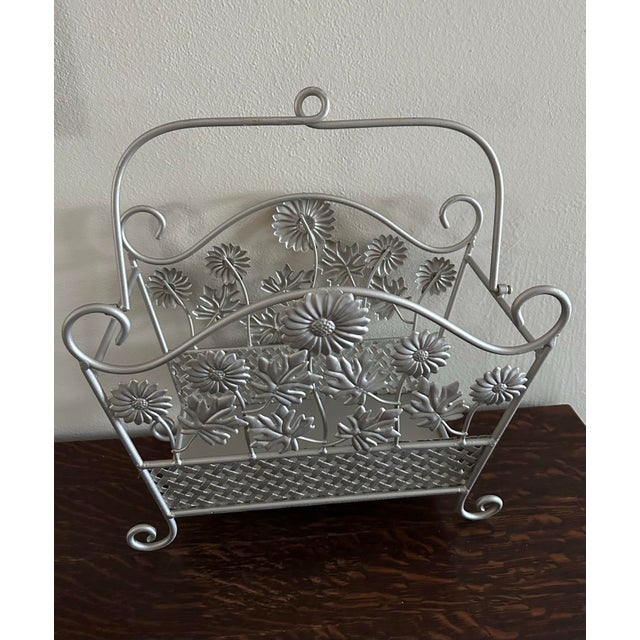 Vintage 20th Century Iron Silver Flowers Magazine Rack/Basket For Sale - Image 9 of 11