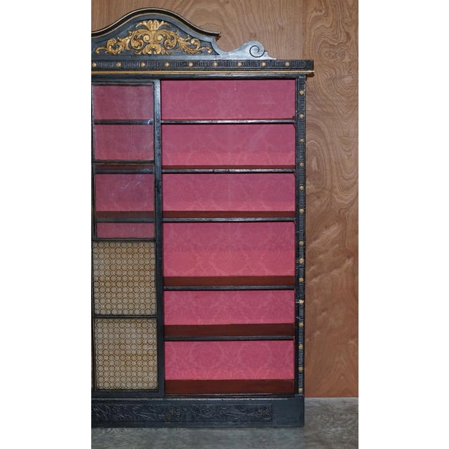Victorian Ebonised Carved Oak Bookcase with Sliding Glazed Doors, 1860s For Sale - Image 13 of 18