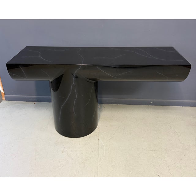 Black 1980s J. Wade Beam Postmodern Black Marbleized Console Table W/Matching Round Mirror, Attributed For Sale - Image 8 of 9