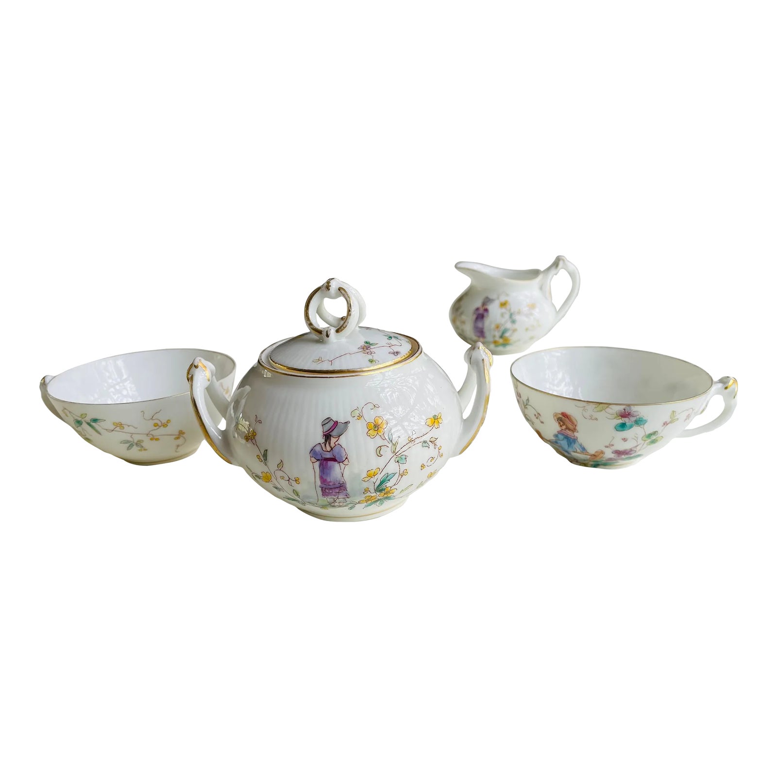 Vintage Fine Porcelain Floral & Little Girl Tea Set of 4 Pieces Chairish