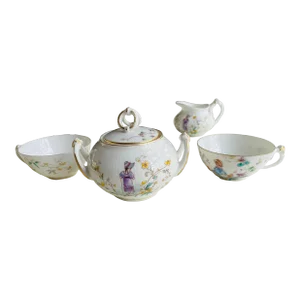 Vintage Fine Porcelain Floral & Little Girl Tea Set of 4 Pieces
