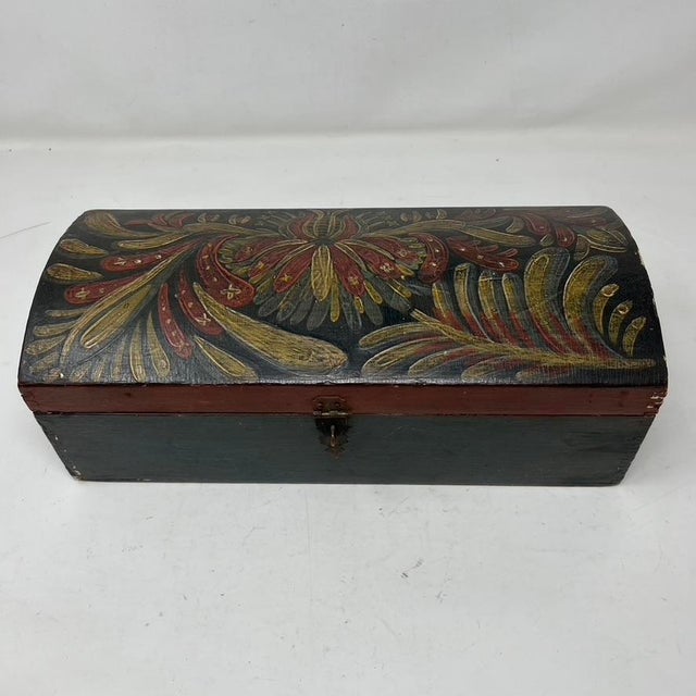 Antique, hand-painted, dome-topped document box. This beautiful box has a Scandinavian-style green, yellow, and red motif...