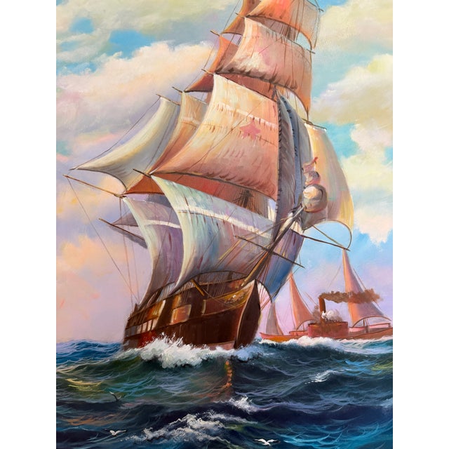 Early 21st Century Tall Ship Seascape Oil Painting on Canvas Clipper Ship Nautical Art Framed For Sale - Image 5 of 11