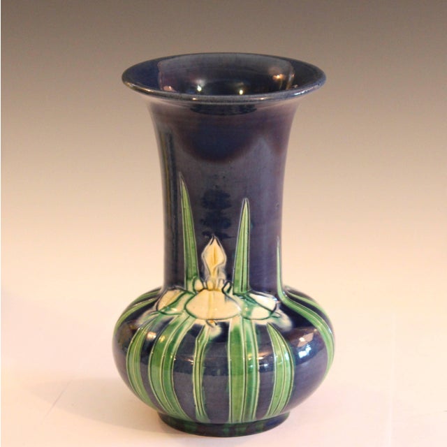 Blue Antique Awaji Pottery Blue Ground Incised Iris Japanese Trumpet Form Vase For Sale - Image 8 of 9