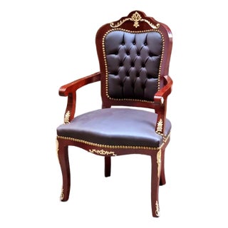 French Style Brown Leather Tufted Armchair – Classic Luxury Accent Chair For Sale