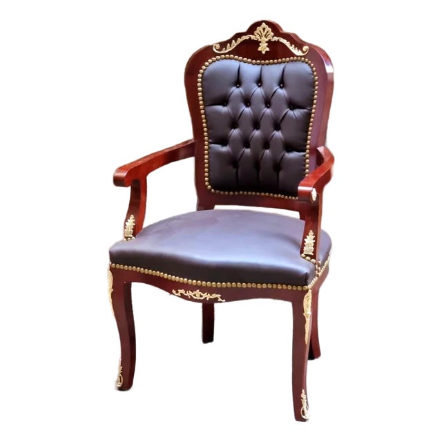 French Style Brown Leather Tufted Armchair – Classic Luxury Accent Chair For Sale