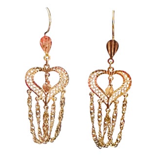 Vintage 21 Kt Yellow Gold 7.5 Gm Heart Dangling Earrings, 2.6 Inch Long For Sale