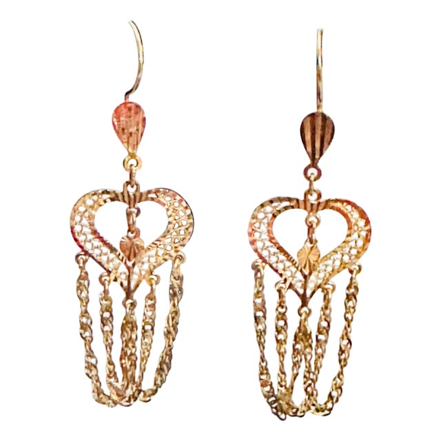 Vintage 21 Kt Yellow Gold 7.5 Gm Heart Dangling Earrings, 2.6 Inch Long For Sale