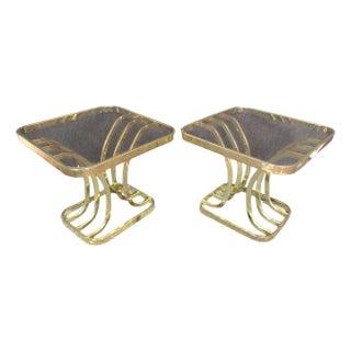 Mid 20th Century Brass Smoked Glass Side Tables - 2 Pieces For Sale