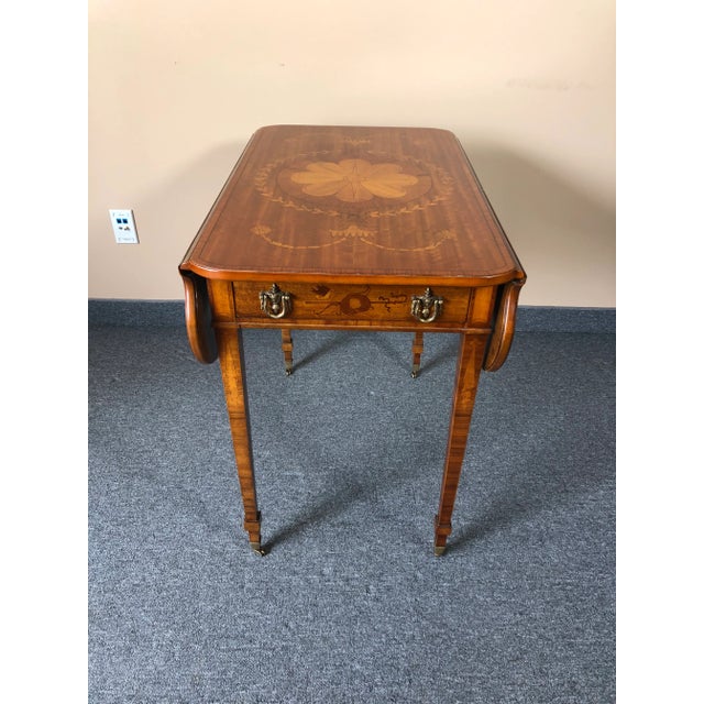 Wood Floral Mixed Wood Inlay Drop-Leaf Pembroke Side Table For Sale - Image 7 of 7