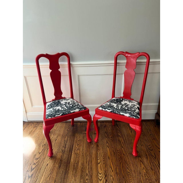 Early 20th Century Chinese Red Lacquer Queen Anne Style Vintage Chairs For Sale - Image 4 of 4