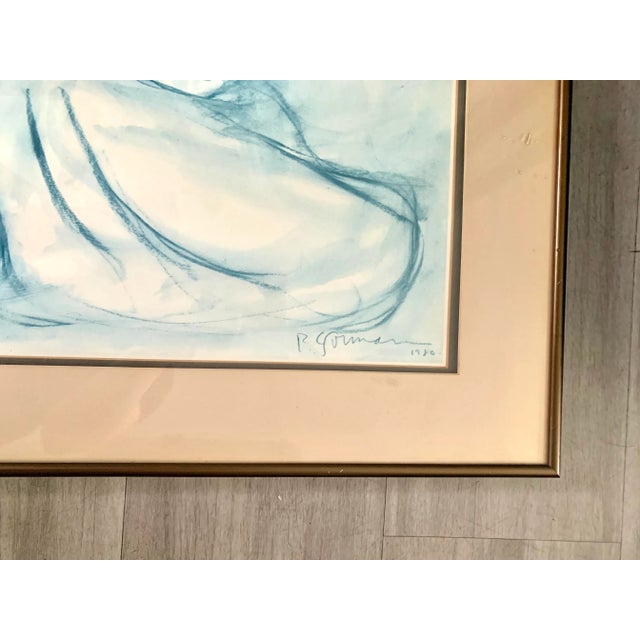 Framed in minimalist bronze metal frame, this beautiful original blue crayon drawing of a woman signed and dated in 1980...