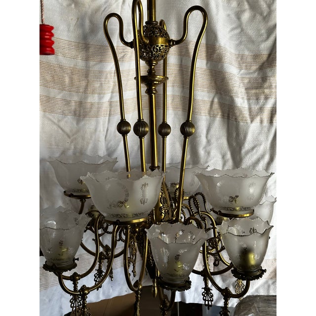 Vintage 12 Light Brass Gas Fixture With Stencil Etched Shades For Sale In New York - Image 6 of 8