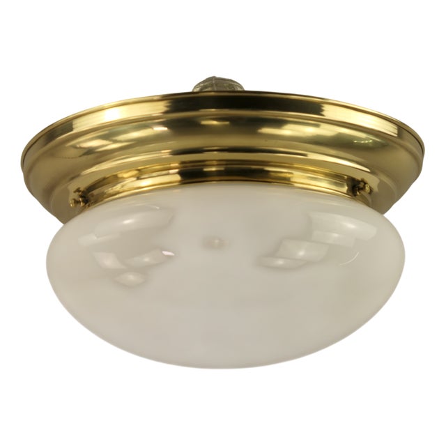 Viennese Brass Ceiling Light with Opal Glass Shade, Austria, 1920s For Sale