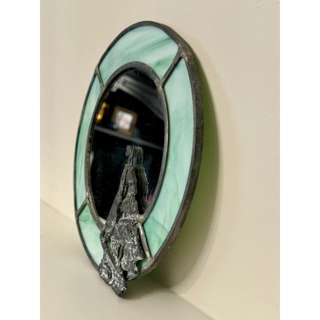 Nautical Coastal Stained Glass & Pewter Finish Ship Wall Accent Mirror For Sale In Houston - Image 6 of 11