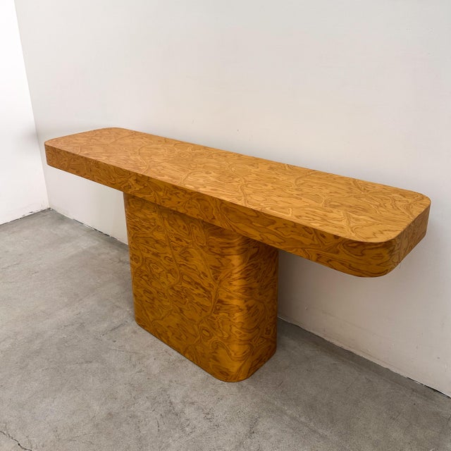 Brown Vintage 1980s Postmodern Console Table Rounded Edge Hallway Table Caramel Grain Midcentury Italian Modern For Sale - Image 8 of 10