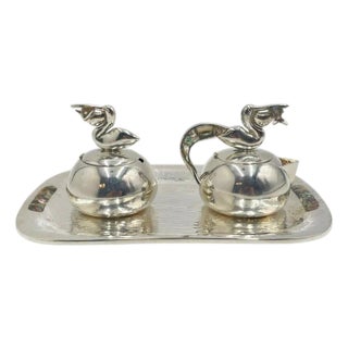 1970s Los Castillo Taxco Pelican Creamer, Sugar & Serving Tray, Mexican Silversmithing - 3pcs For Sale