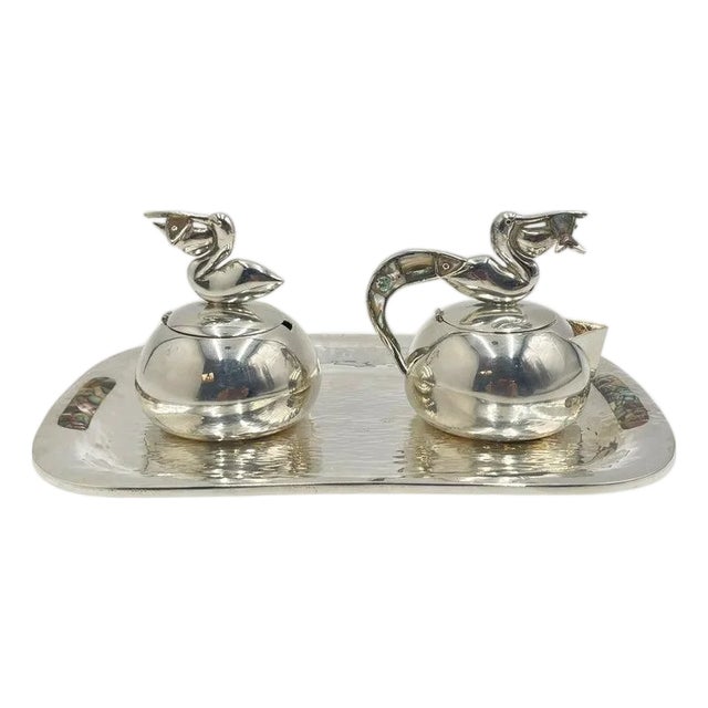 1970s Los Castillo Taxco Pelican Creamer, Sugar & Serving Tray, Mexican Silversmithing - 3pcs For Sale