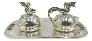 1970s Los Castillo Taxco Pelican Creamer, Sugar & Serving Tray, Mexican Silversmithing - 3pcs