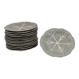 Bordallo Pinheiro Portuguese Gray Cabbage Leaf Majolica Set of (14) Fourteen Dessert Plates For Sale