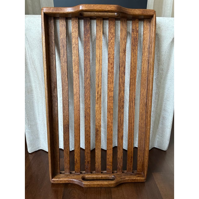 Vintage 1970’s Large Oak Slat Tray With Handles For Sale - Image 10 of 17