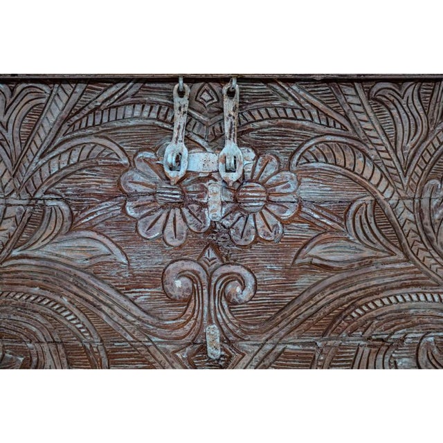 Vintage Blue Floral Hope Chest on Wheels | Carved Wood Storage Bench Trunk For Sale - Image 4 of 5
