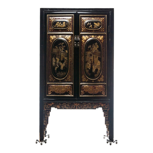 19th Century Chinese Black Lacquer Cabinet With Gold Painting
