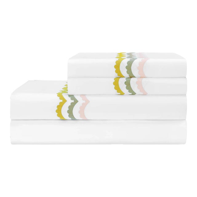 Celerie Kemble + Hamburg House Pink and Green Scallop Twin Sheet Set - 3 Pieces For Sale