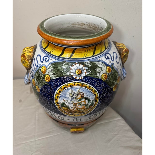 Monumental Antique Hand Painted Italian Majolica Terracotta Pottery Olive Vase For Sale In New York - Image 6 of 15