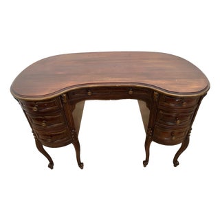 Vintage French Desk Kidney Shaped Vanity Seven Carved Drawers Petite Size For Sale