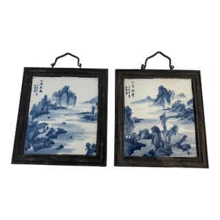 Antique Chinese Blue and White Porcelain Landscape Panels - Pair For Sale
