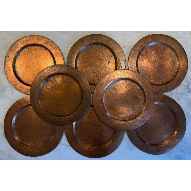 Farmhouse Set of 8 Hand Hammered Copper Charger Plates For Sale - Image 3 of 12