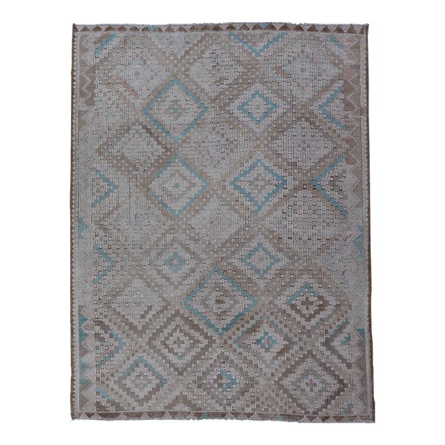 Vintage Hand Woven Turkish Embroidered Flat-Weave Rug With Geometric Design For Sale