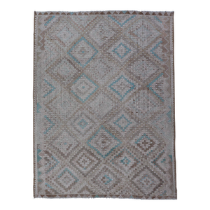 Vintage Hand Woven Turkish Embroidered Flat-Weave Rug With Geometric Design
